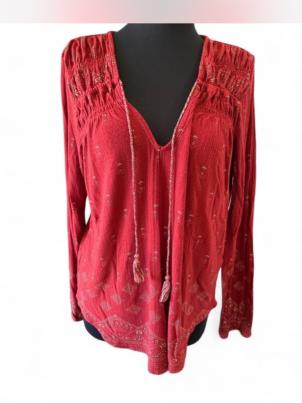 Lucky Brand Red Boho V-Neck Tunic with Tassel Ties